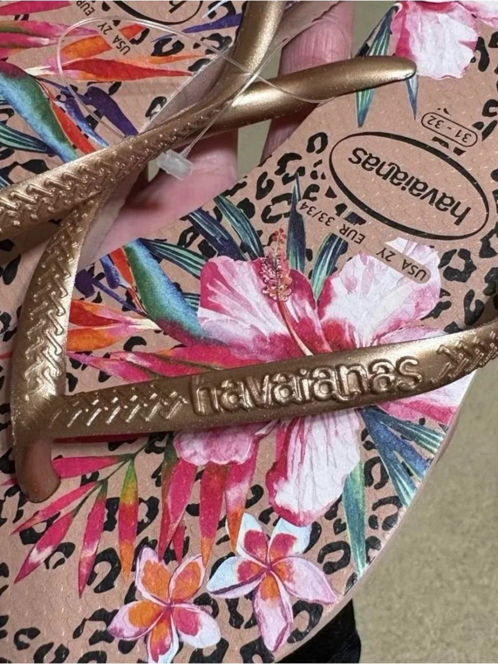 Size 2Y - Havaianas Pink Floral Leopard Crocus Rose Flip Flops with Gold Straps